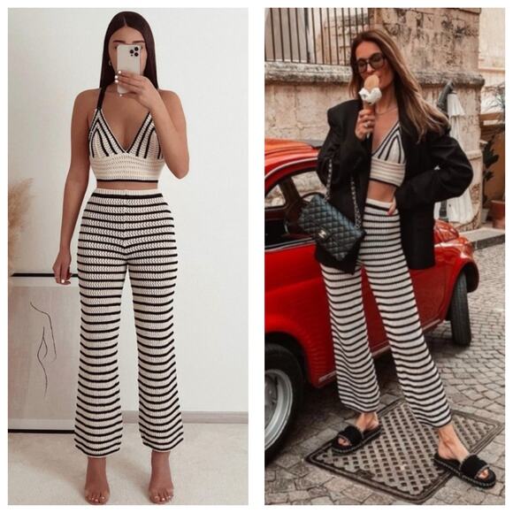 Zara Black White Knit Striped Wide Leg Pants Size Small High Rise Stretch Beach - Picture 2 of 13